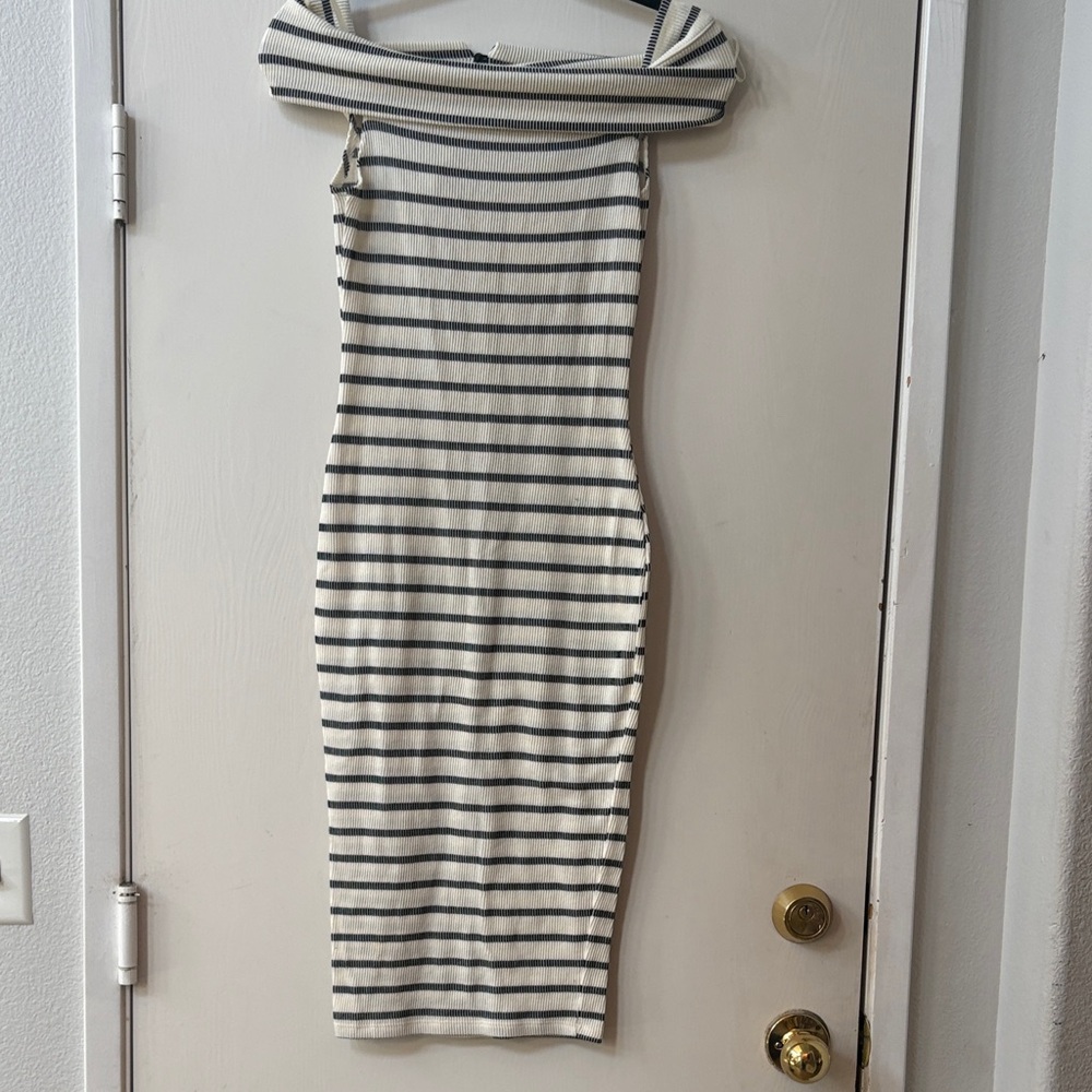 Windsor Cream and Black Striped Off-Shoulder Midi Dress